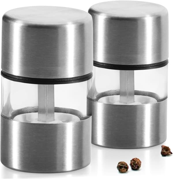 2x Mini salt- och pepparkvarn i rostfritt stål med keramisk slip