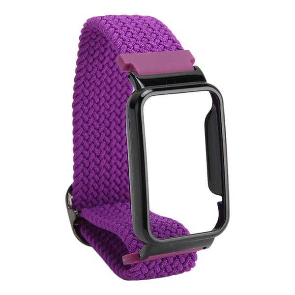 Flettet Loop Rem til Mi Band 7 Pro Justerbar Elastisk Nylon Loop Armbånd med Beskyttelsesramme Lilla Rem Sort Etui