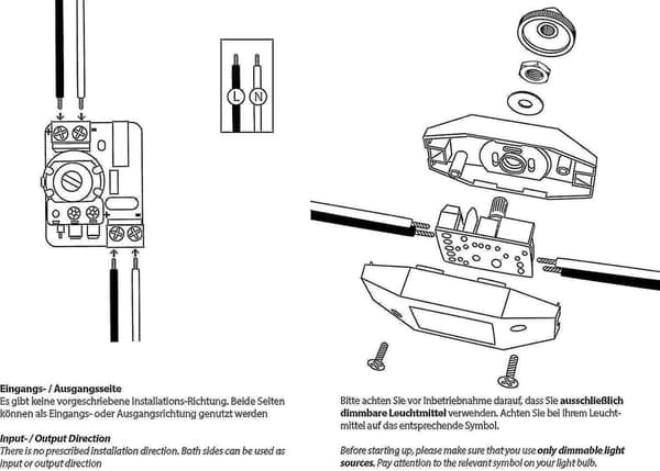 1-60w LED-dimmer Dimbar (vriddimmer) LED-dimmer, På/av, 220-230v, CE In-line-bryter, Svart
