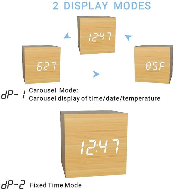 1 pc Wooden Digital Alarm Clock, USB Battery Operated Desk Clock, Cube Clock (Bamboo Color)