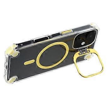 Compatible with iPhone 16 Magnetic Transparent Case Shockproof Hybrid Phone Cover with Camera Lens Frame Kickstand (Gold)