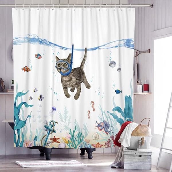 Bruseforhæng - 180 x 180 cm - En kat der dykker alene - Polyester - Farverig
