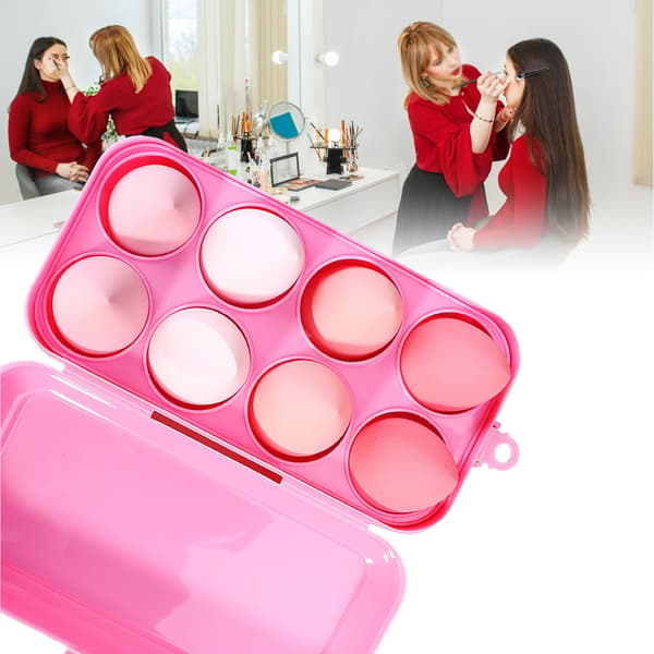 8-delt skønhedssvampesæt blød elastisk hydrofil polyurethan kosmetisk makeup-puff med opbevaringsboks pink