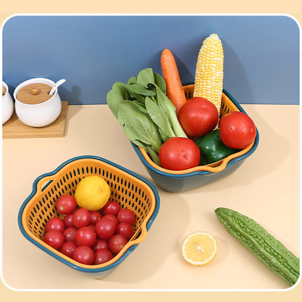 Vegetable Washing Basket Double Layer Drains Quickly Hanging Multifunctional Fruit Strainer with Side Handle for Kitchen L Blue Yellow