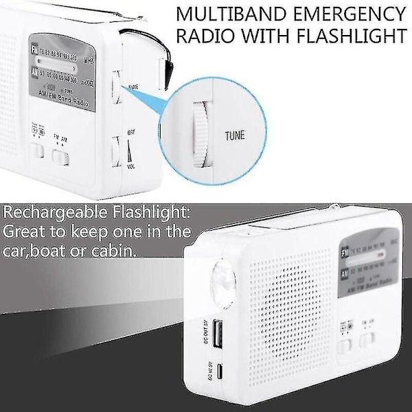 Nødradio med sol- og håndsving, selvdrevet, batteri USB-opladning FM/AM-radio LED-lommelygte telefonoplader