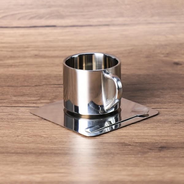 Tekoppset i rostfritt stål, tekopp kaffemugg med fat och sked, 160 ml