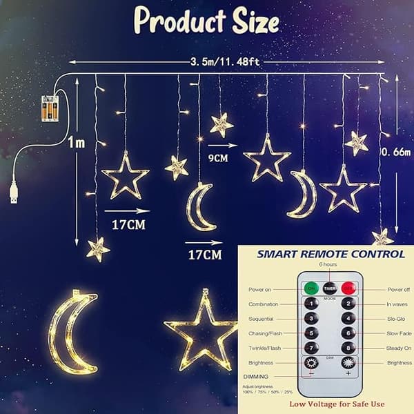 LED Ramadan Light String, 3.5 m Light Curtain Window Indoor USB/Battery, LED Ramadan Lamp Star Moon Islamic Style Warm White