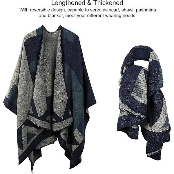 Winter Shawl Wrap Poncho Cape - Women's Warm Open Front Printed Reversible