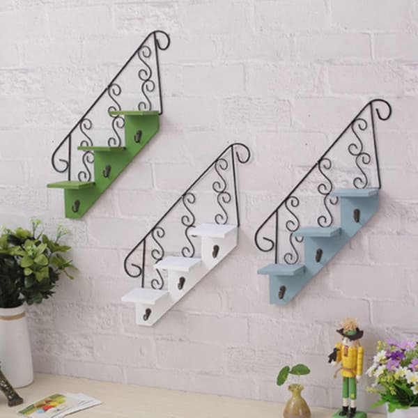 Wall Mounted Shelf with Hooks for Flower Pots, Step Design, Green