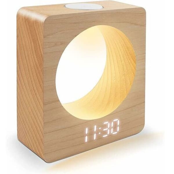 Solid Wood (Beech) Digital LED Alarm Clock with Night Light, 3 Alarm Settings, Temperature Detection