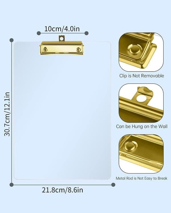 Akryl Urklippshållare, Transparent Akryl Urklipp, 3 Delar Modedesign A4 Urklipp, Urklipp med Klämma (Guld)