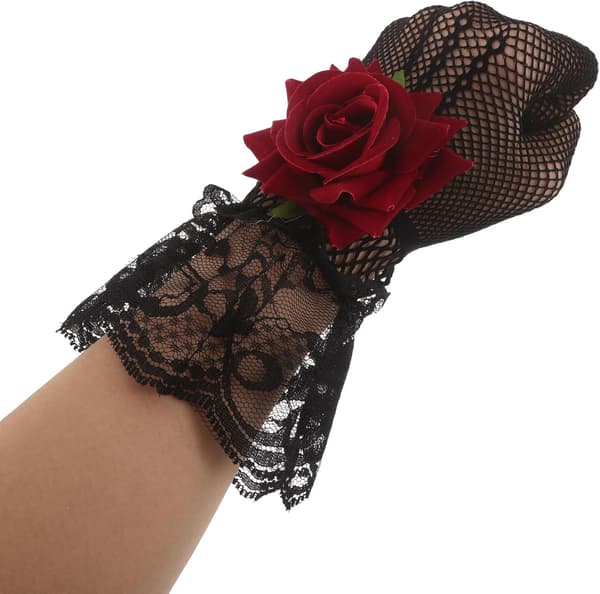 Sorte blondehandsker til kvinder med 3D roser mønster af blonde og fløjl, fleksibel pasform, elegante te-selskab bryllupsaftenhandsker