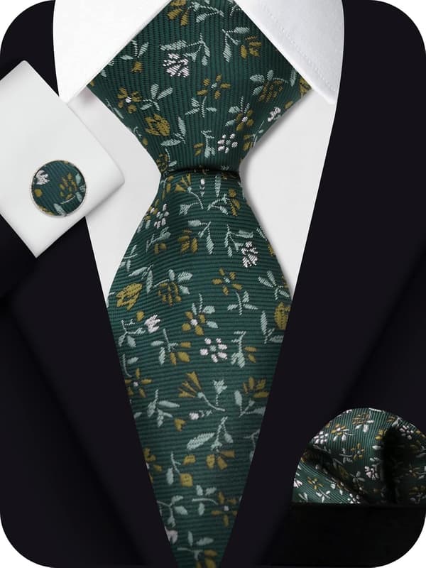 Blommiga slipsar för män Näsduk Manschettknappar Set, Bestman Slips Polyester Halsduk Bröllop Informell Balfest Mörkgrön - Dark Green