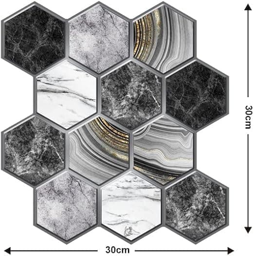 Self-adhesive 3D Wall Decals Thickness 0.4cm (Pack of 30x30cm with 4 pieces) - Marbled Grey Hexagon