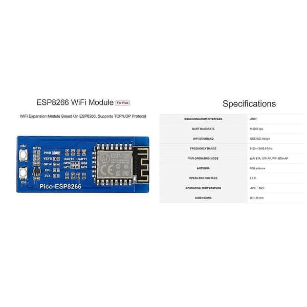 ESP8266 WiFi-moduuli Picolle, laajennusmoduuli ohjattavissa UART AT:n kautta
