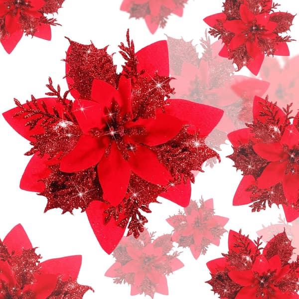 10 juledekorasjoner, kunstige juleblomster, glitter C