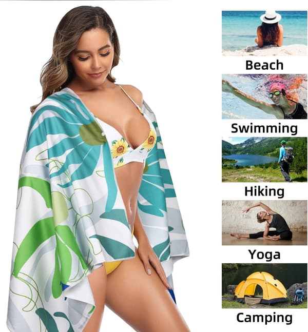 Grønt blomstret stort strandhåndkle 150x70cm, mikrofiber badehåndkle, lett strandteppe, lett bærbart reisehåndkle