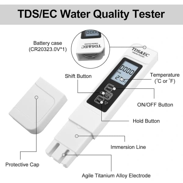 Vandkvalitetsmåler, 3-i-1 LCD digital vandkvalitetstester med baggrundsbelysning, TDS/EC-vandtester til drikkevand, pool, akvarium