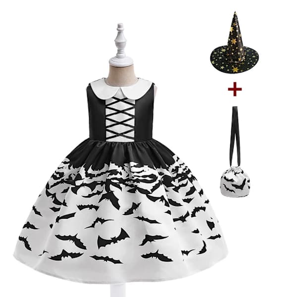 Halloween Kostume, Sort Kjole + Taske + Hat, 150CM