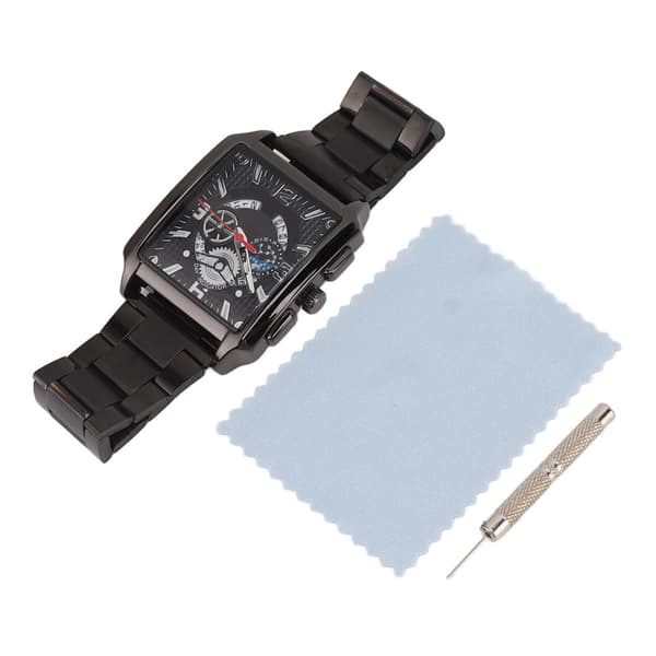 Herre Quartz Ur Firkantet Form Præcis Tid Kalender Rustfrit Stål Armbåndsur til Daglig Brug Sort