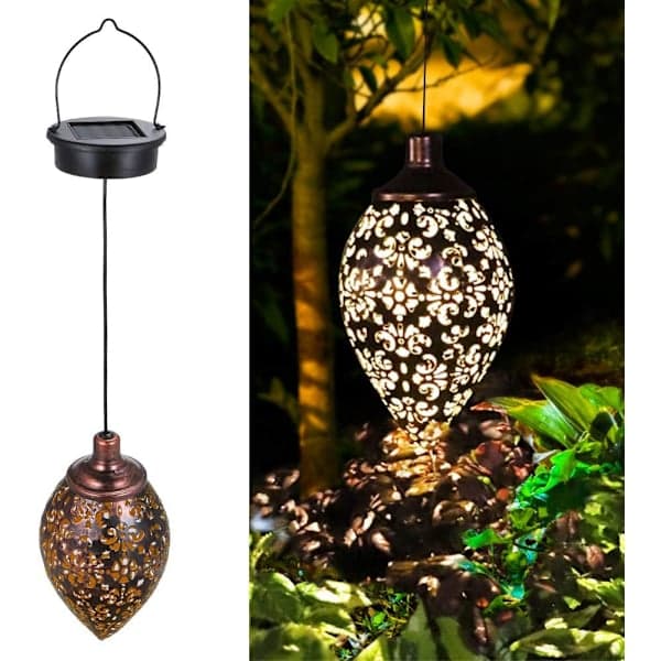 Solcellelampe til haven, Hængende dekorativ solcellelampe, LED-solcellelampe i metal til terrasse, træer