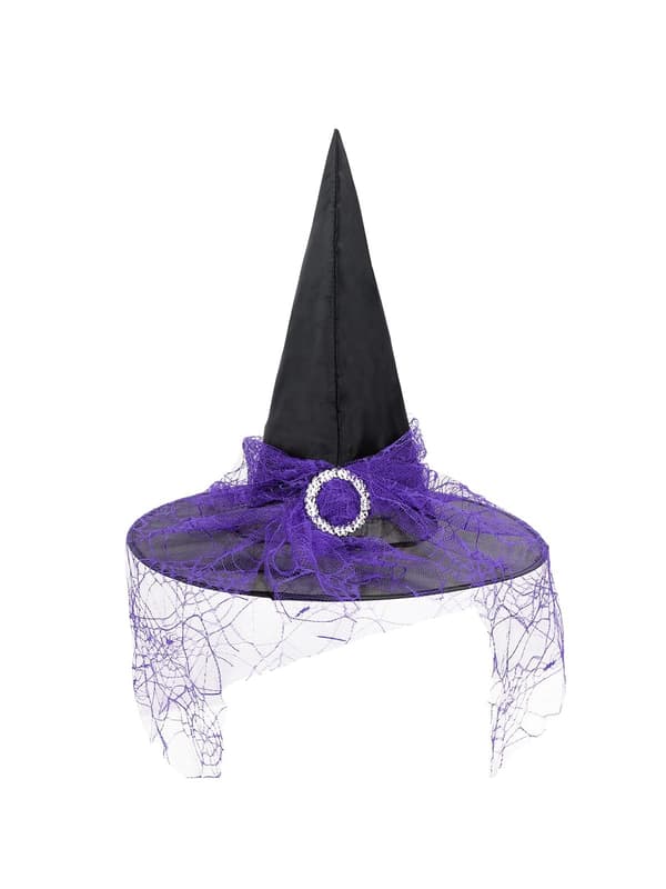Heks hat, dame, Halloween, med slør, tilbehør til heksekostume til voksne, fest