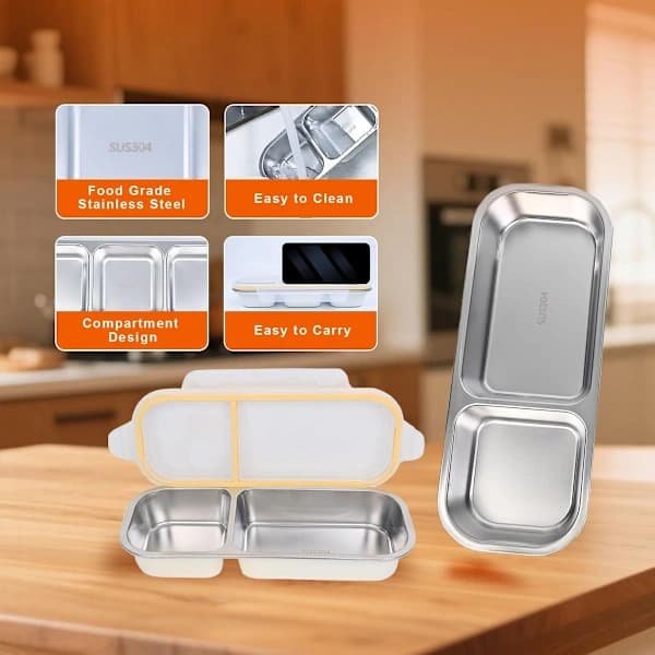 Stainless Steel Bento Lunch Box 700ml Leakproof 2 Compartment Snack Container for Kids Adults School Work Yellow