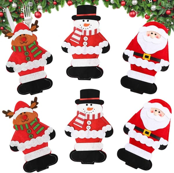 Christmas Cutlery Holders Pockets, 6-pack Snowman Reindeer Santa C
