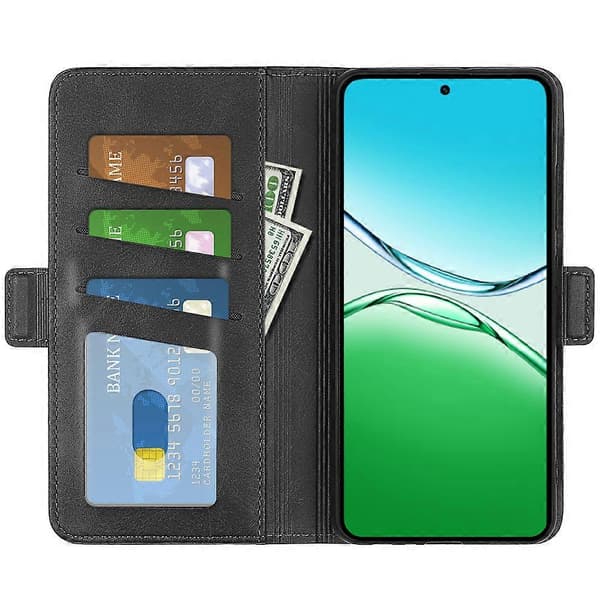 Til Oppo A5 5G Etui Kalvetekstur Læderpung Mobilcover Sort