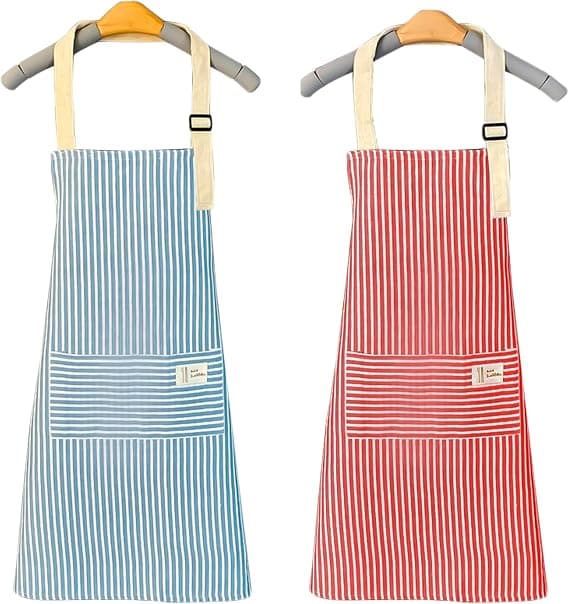 Sett med 2 kjøkkenforklær i bomull og hamp (70cmx68cm, blå, rosa)