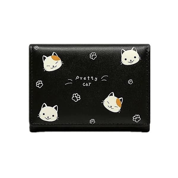 Cute Cartoon Cat Student PU Wallet, Trendy Tri-fold Card Women's Wallet Black