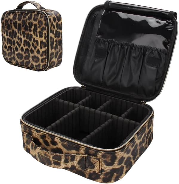 Leopardmønstret PU-læder makeuptaske, kosmetisk makeuptaske, organiseringsetui med justerbar