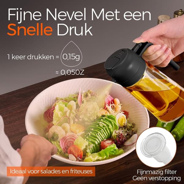 2-i-1 Olivenoliesprøjte - 470 ML - Glas - Olivenolieflaske med Hælde- og Sprayfunktion