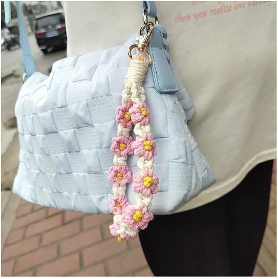 Boho Makrame Håndledsnøglekæde Håndlavet Vævet Tusindfryd Blomster Armbånd Nøglering Holder Håndledsrem
