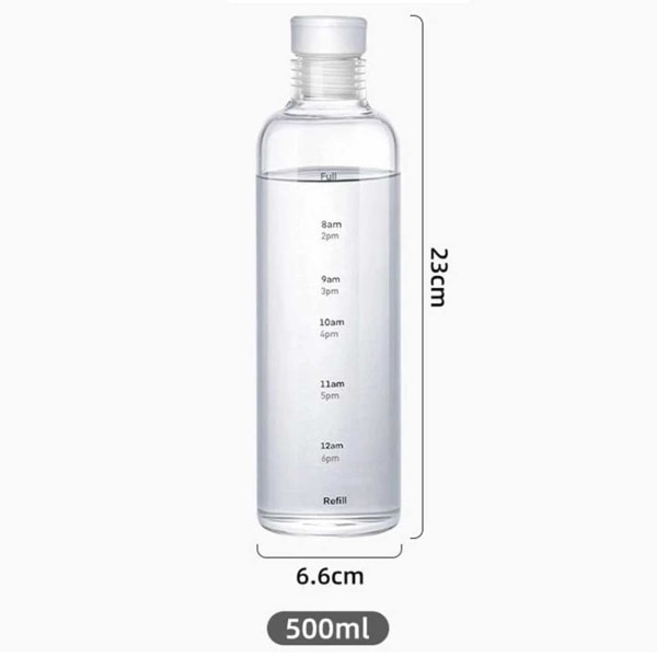 Lasivesipullo aikamerkinnöillä 500ml läpinäkyvä