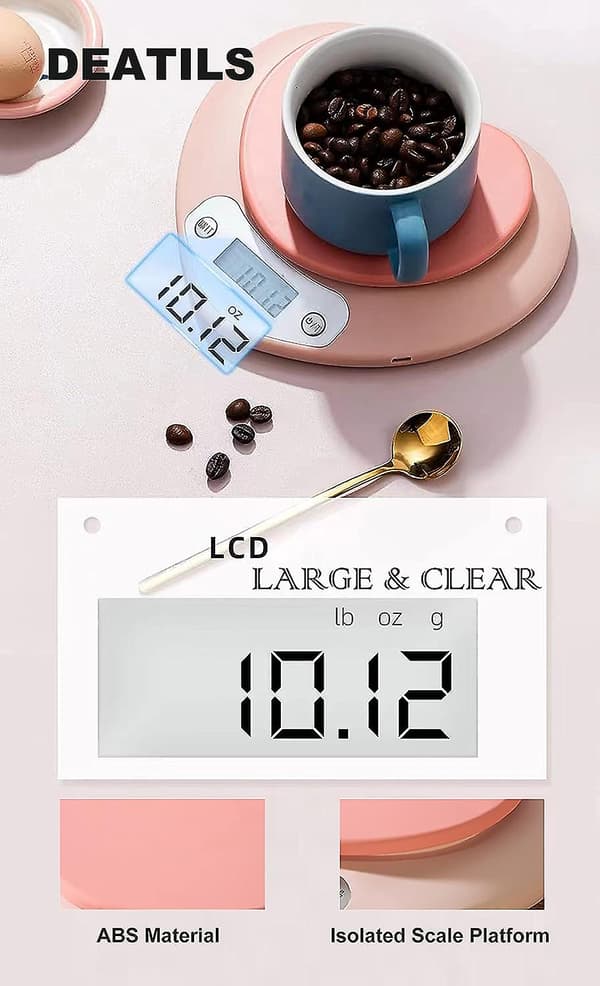 Rosa köksvåg - Stor LCD-display, tareringsfunktion, 11 lbs (5 kg) kapacitet