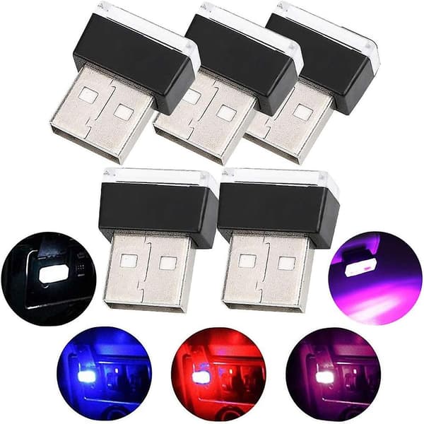 Billambientebelysning med LED, 5 stk. USB-belysningssæt til bilinteriørdekoration (5 farver)