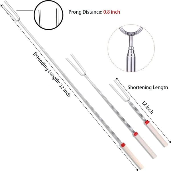 Telescopic Grill Fork, 8 Pieces, Stainless Steel with Wooden Handle, Extends to 80 cm, with Bag
