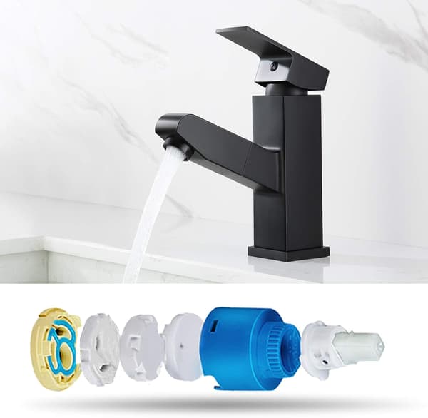 Black Basin Faucet with Pull-Out Spray, Bathroom Faucet, Ta