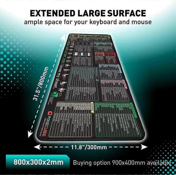 Excel Keyboard Shortcuts Mouse Pad - Extended Large XL Cheat Sheet Gaming Mouse Pad | PC Office Spreadsheet Keyboard Mat | Non-Slip Stitched Edge