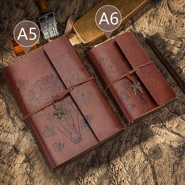 #A5 (Brown) Leather Notebook - Leather Travel Journal with Spiral Bound and Lined Paper Classic Retro Embossed Pendant#