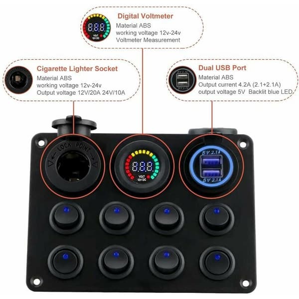 Vippebryterpanel 12-24V Dobbel USB-laderkontakt med LED Voltmeter Vippebryterpanel for båtbil-FA-