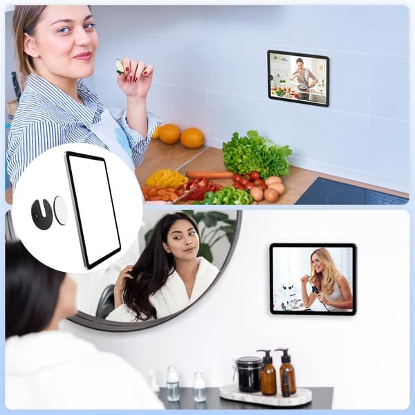 Universal Wall Mount for Tablet/Phone, 2-Pack Adjustable 90° Rotating Round Bracket with Screws + Adhesive for Smartphones, Compatible with iPad, Kindle