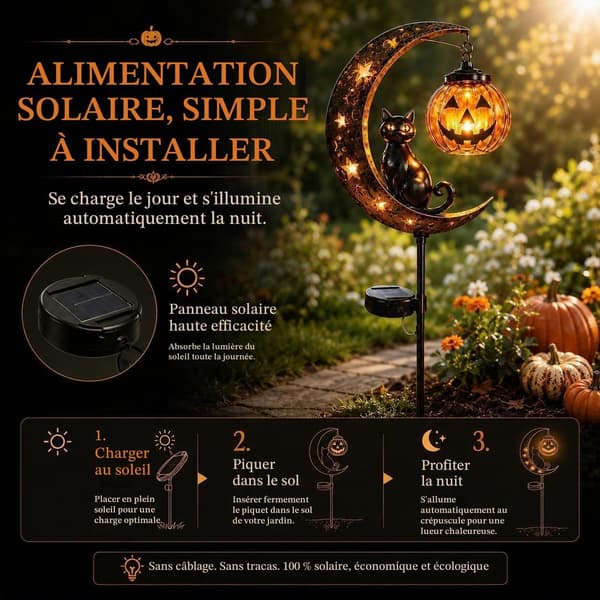 Solcelle-græskarlampe Halloween Havepynt – Sort kat og måne