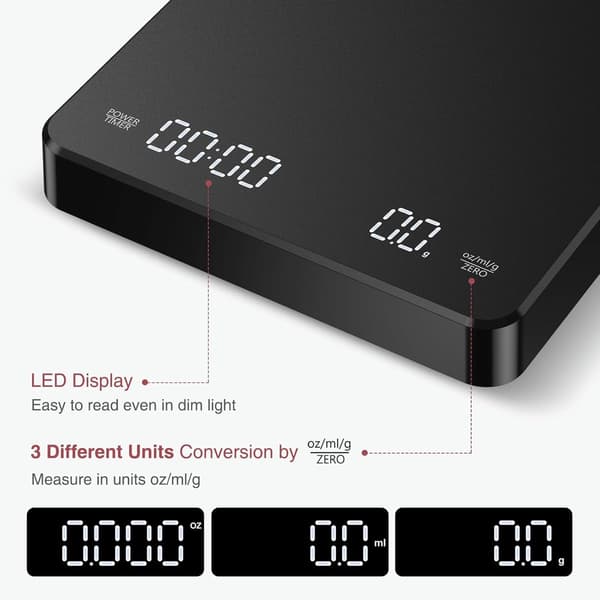 Digital Coffee Scale with Timer, 0.1g High Precision 3kg Capacity, USB C Rechargeable LED Touch Display for Espresso Pour Over, Black 15x13cm