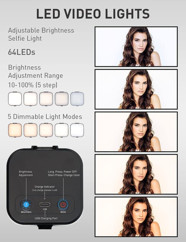 64 LED Genopladeligt Selfie-lys - 5 Belysningstilstande Telefon Ringlys Mini Bærbart Clip-on Fyldlys
