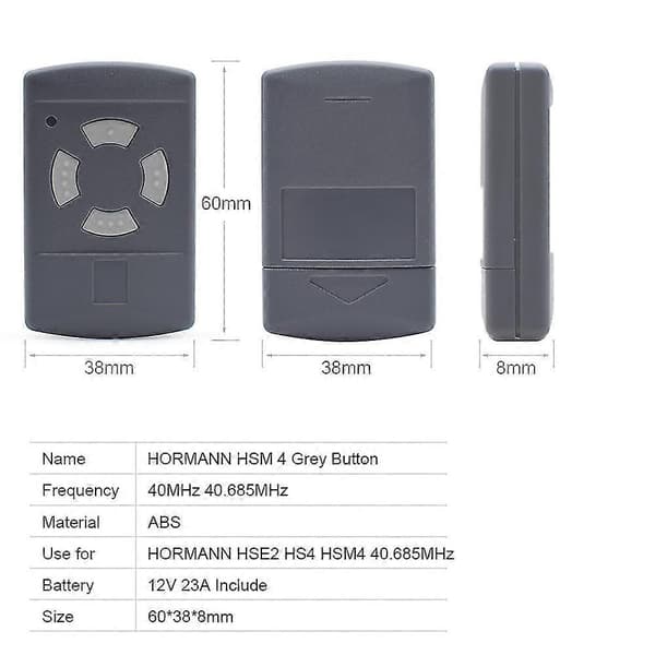 For Hormann HS4 / HS2 / HSM2 / HSM4 / HSE4 40 grå knapper 40685 mhz erstatningsfjernkontroll