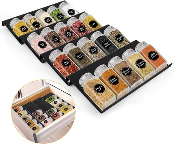 Spice rack - space-saving - extendable from 30 to 60 cm - adjustable drawer dividers - kitchen storage rack - spice rack suitable for acrylic drawers.