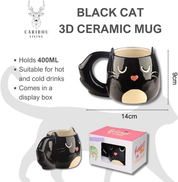 Sort Kat Krus 3D Keramisk Nyhed Søde Krus Kopper 400 ml til Varme Drikke, Te, Kaffe, Varm Chokolade