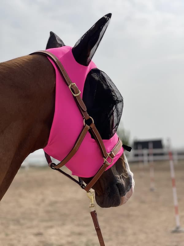 Hästflugmask Ultrabekväm Hästflugmask Elastisk Rem Öronflugemask (Mörkrosa)